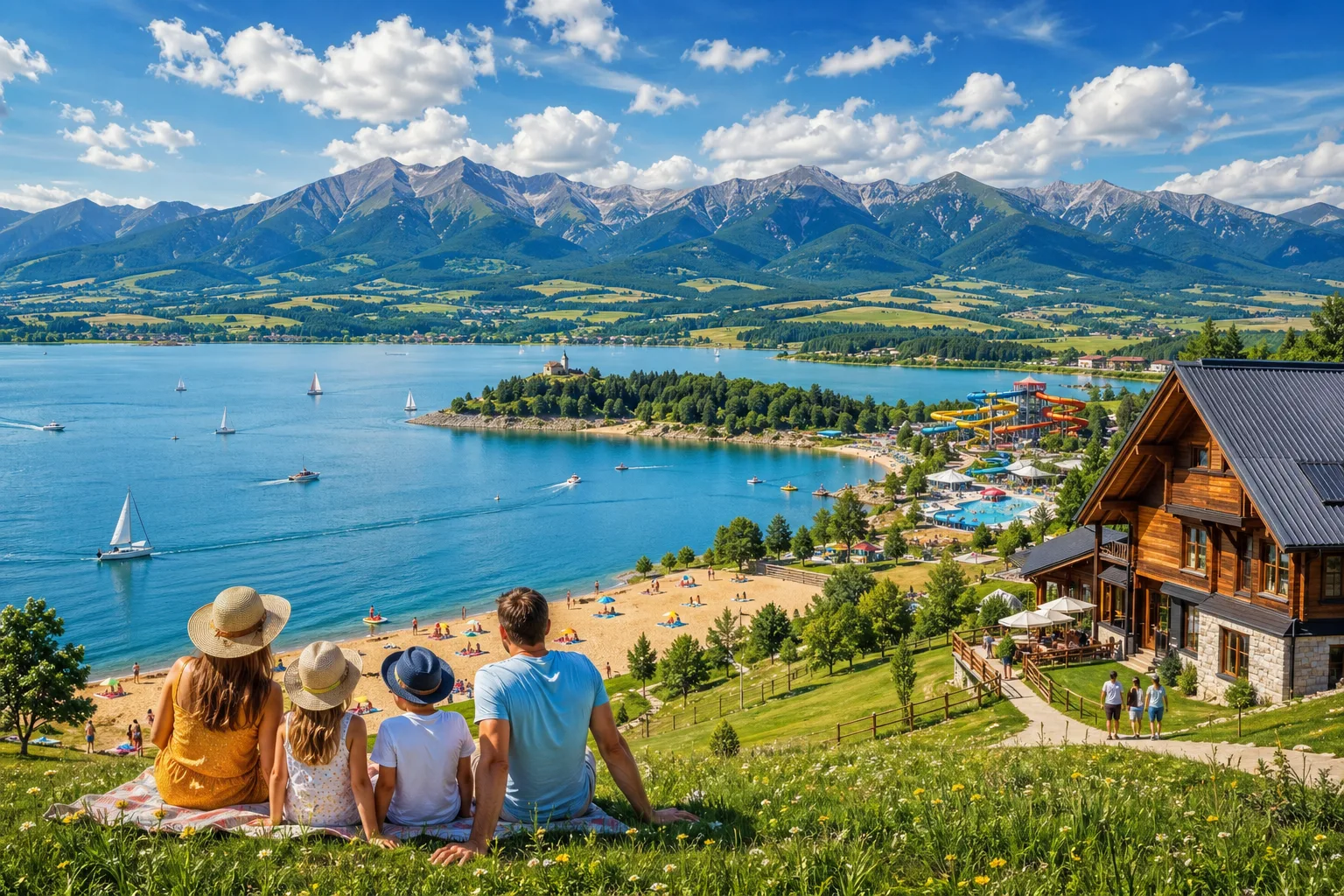 Liptov – jezero Liptovská Mara, aquapark a termály, Nízké Tatry na obzoru a rekreační chaty