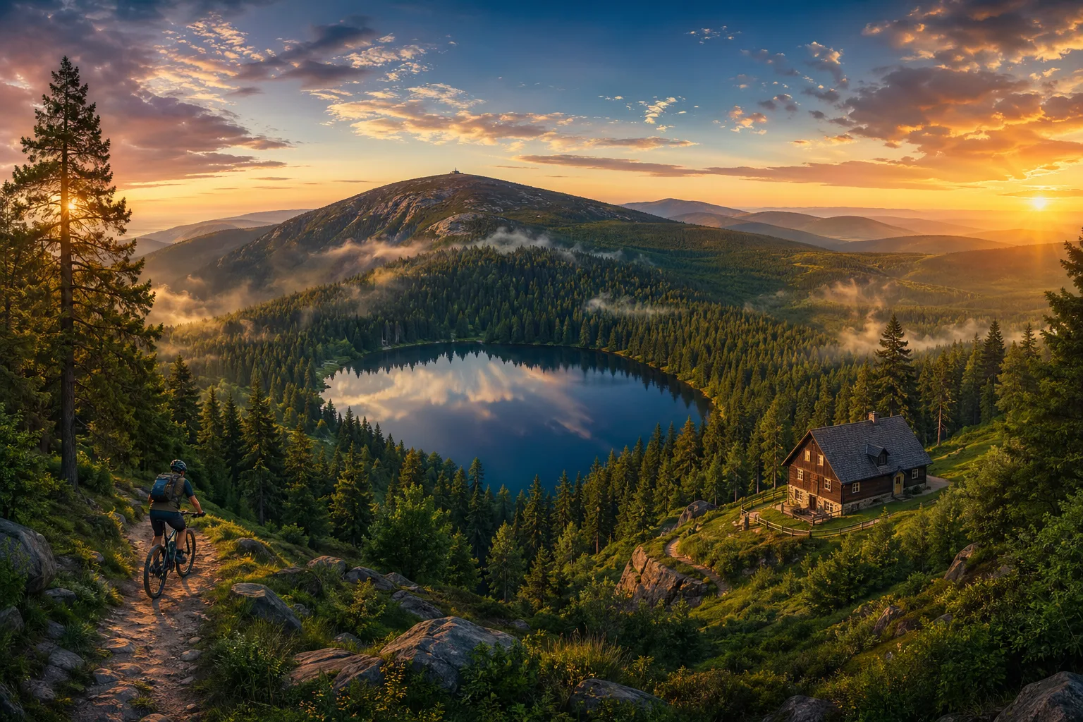 Šumava – jezero Černá v Pošumaví, lesy národního parku, horská louka a typická dřevěná chalupa