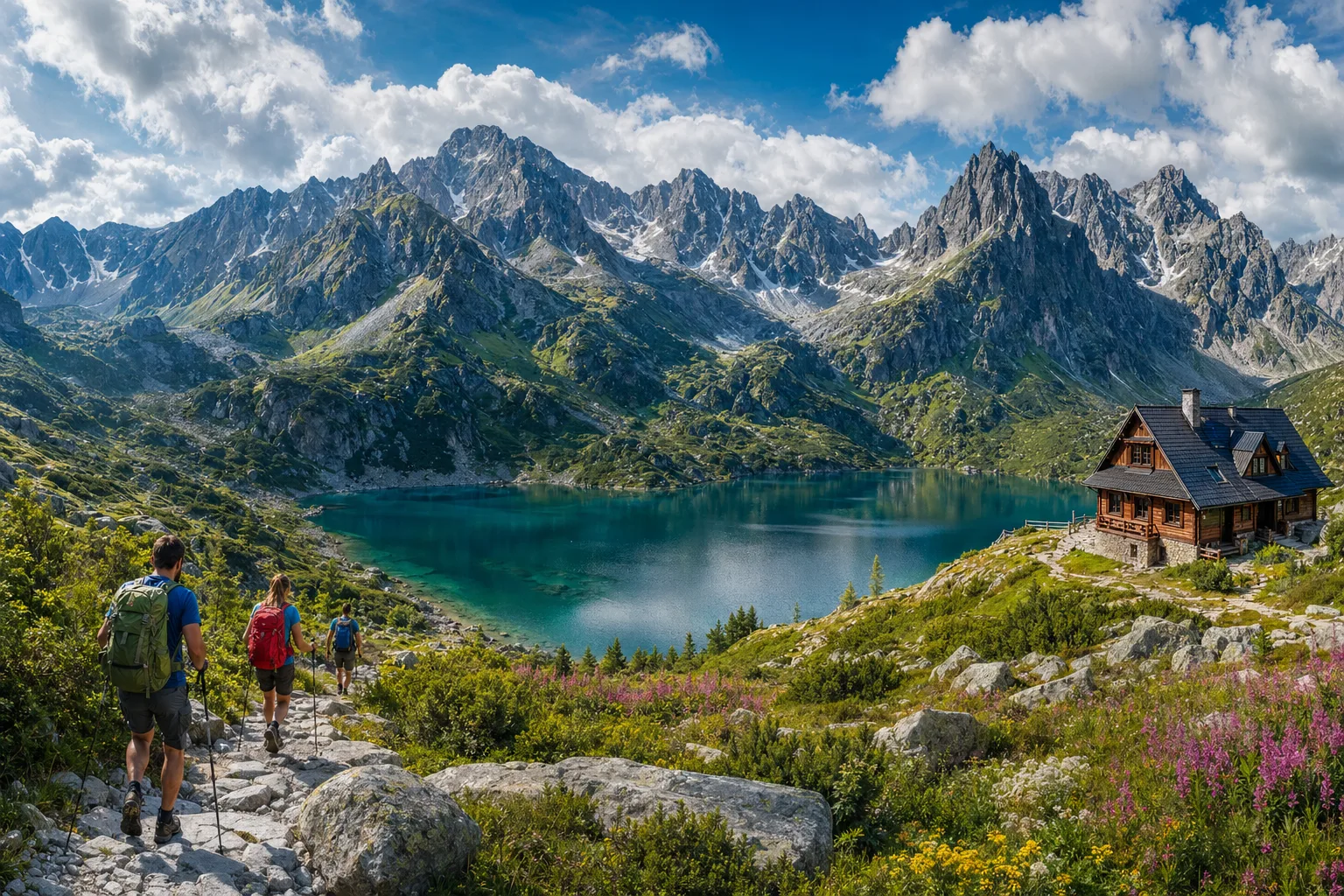 Vysoké Tatry – panoramatický pohled na štíty, alpské louky, lyžaře a horské chaty u Štrbského Plesa
